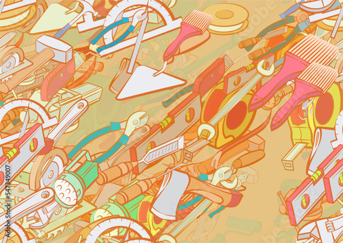 Background pattern abstract design texture. Seamless. Building tools and Repair. Theme is about wiring, manual, chisel, rolls down, crimping, painter, adjustable wrench, measurement, mount