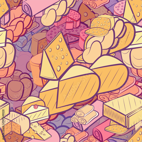 Background pattern abstract design texture. Seamless. Cheeses and Bakery products. Theme is about round, cherry, triangle, twist, spicy, strudel, piece, cut out, chunk a piece, two-layer