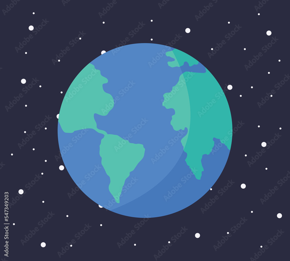 Fototapeta premium Cartoon solar system planet in flat style. Planet earth on dark space with stars vector illustration.