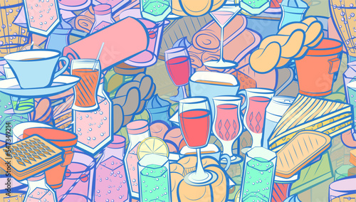 Background pattern abstract design texture. Seamless. Bakery products and Drinks. Theme is about mini buns, drinking straw, sennit, alcohol, saturated with filling, cardboard, tea, cake