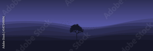 sunset landscape with tree silhouette flat design vector illustration good for wallpaper, background, backdrop, banner, tourism, and design template
