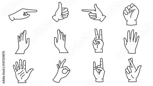 Hand gesture icons in line style,hand motion like ok sign cool and calm handshake plead pointing right crossed fingers fist open palm hand drawn doodle style. Wrist vector illustration set