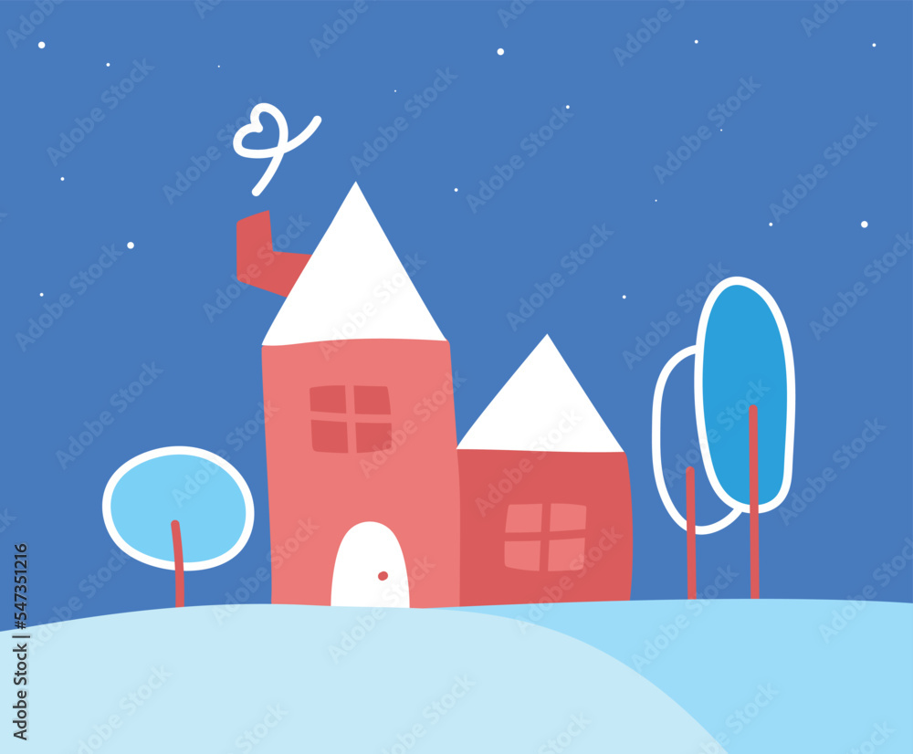 Cute New Year and Christmas house in the snow. Children's drawing of a house in the village. House with snow-covered trees and bushes