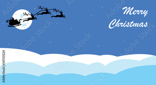 Christmas Landscape snow Fir Tree at Night and Big Moon. Merry Christmas banner. Silhouette Santa Claus in sleigh with deers flying on stars background