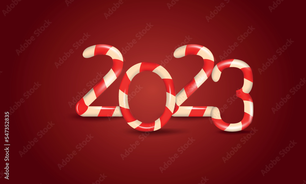 Fototapeta premium Happy new year 2023 banner. 3d candy cane text 2023 Happy new year on red background.