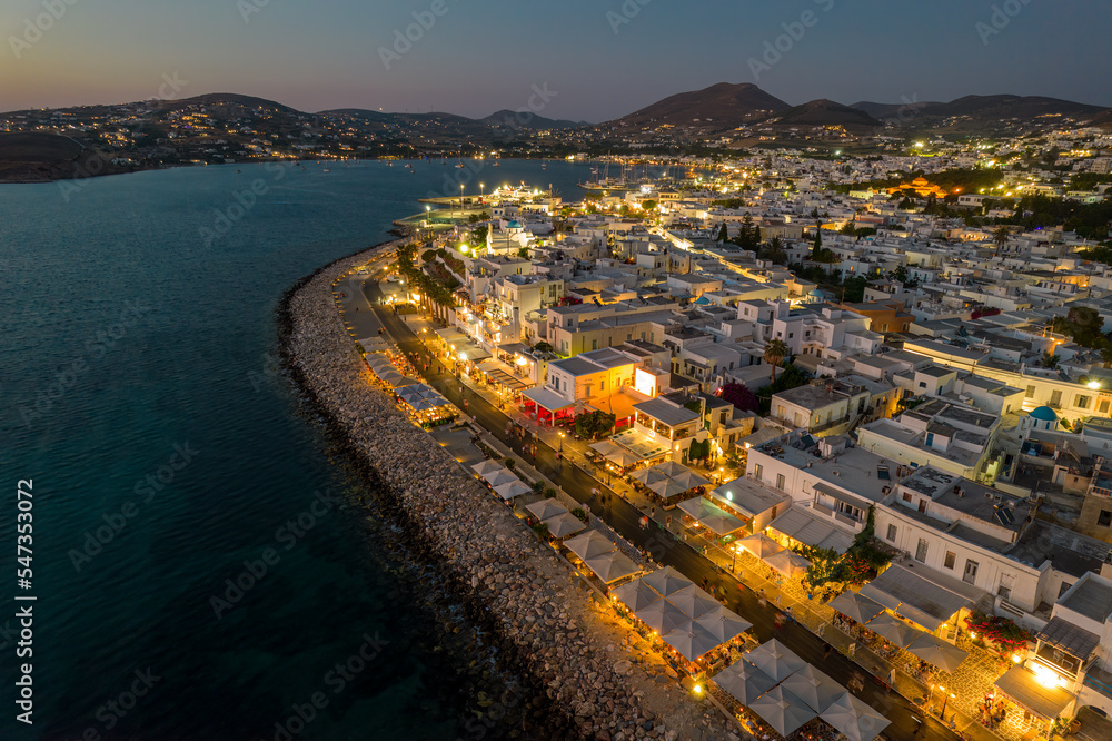 Aerial panorama view   of the   of parikia village with the traditional white houses in Paros island, Greece.
