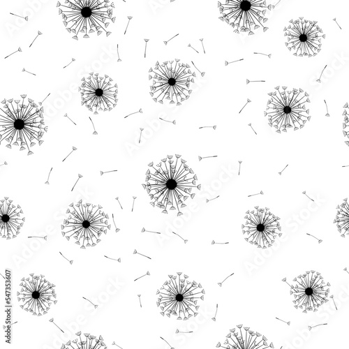 Floral background seamless pattern black and white with dandelion fluff and seeds