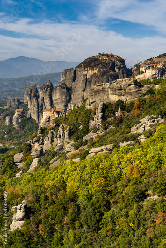 vertical landscape view of the monasteries and rock formations of Meteora in Greece
