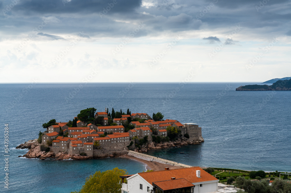 view of Sveti Stefan Island on the Adriatic Sea coast of Montenegro