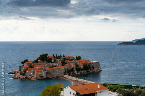 view of Sveti Stefan Island on the Adriatic Sea coast of Montenegro