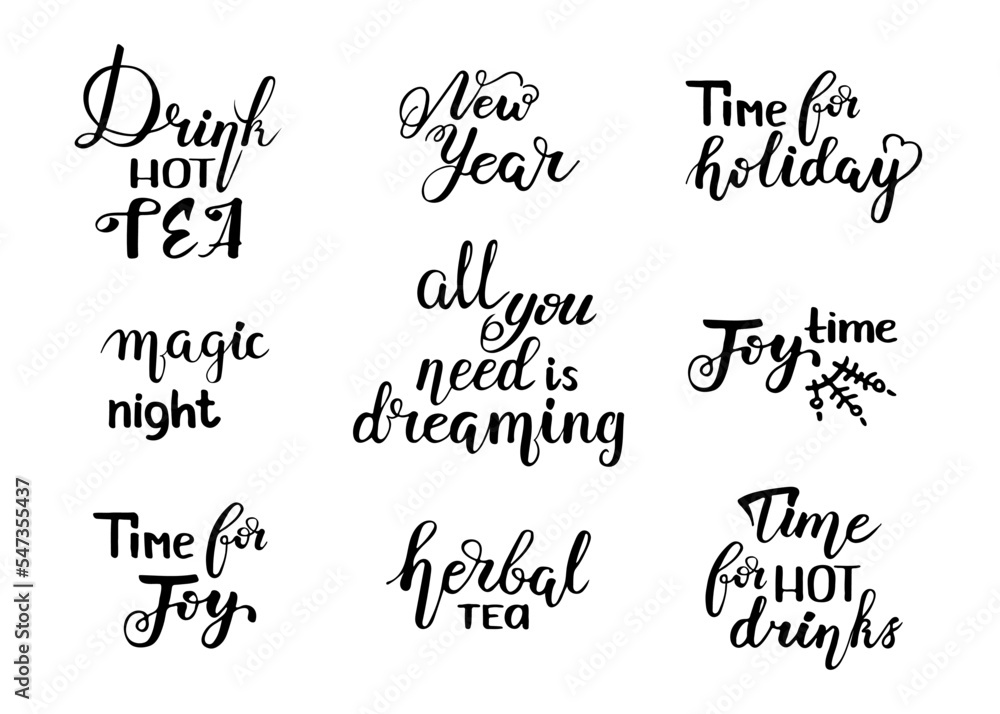 Naklejka premium Merry Christmas. Set of handwritten lettering quote with Happy New Year phrase. Vector hand drawn calligraphy type