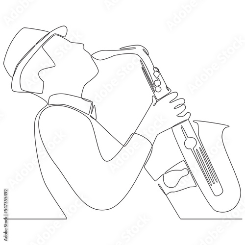 Continuous line drawing man saxophonist performing saxophone vector line art illustration