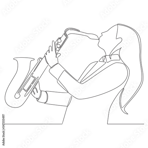 Continuous line drawing woman saxophonist performing saxophone vector line art illustration