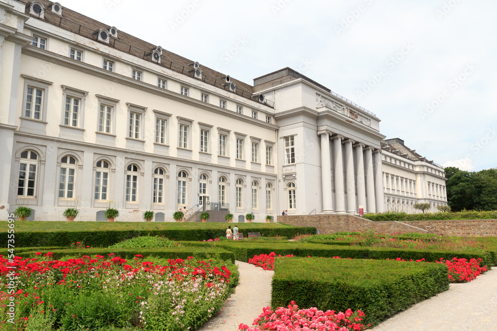 Main facade of Electoral Palace (Kurfürstliches Schloss) with garden in Koblenz, Germany