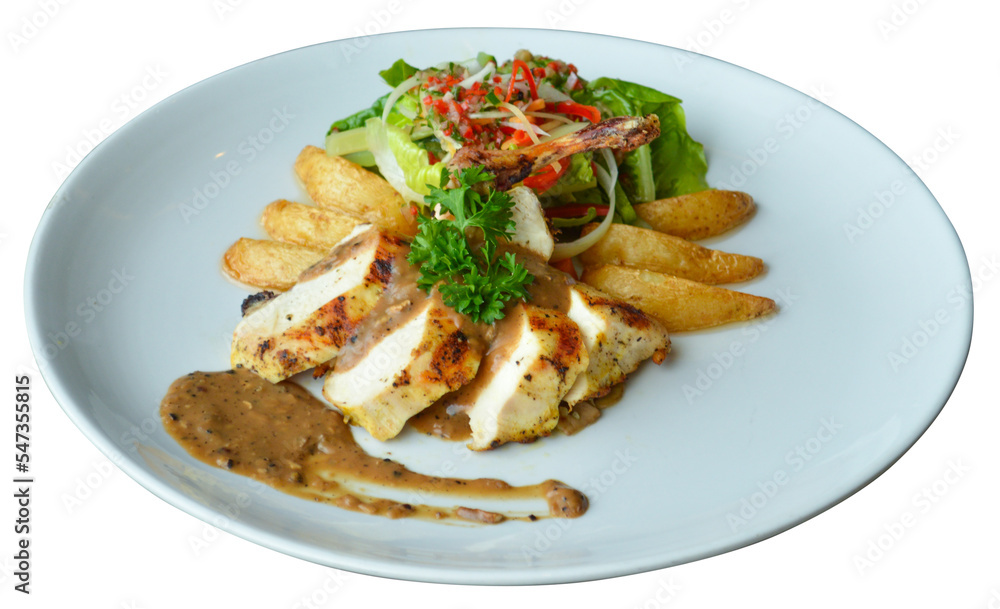 Chicken fillet is a western menus in restaurant serve with potatoes, vegetables and sauce Chicken fillet is a western menus in restaurant serve with potatoes, vegetables and sauce