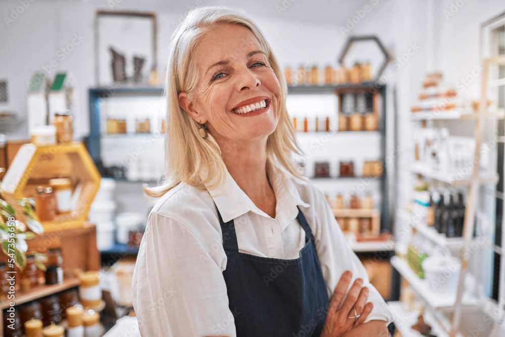 Honey shop portrait of senior woman, small business owner or retail store manager with pride in sales marketplace growth. Commerce, product and seller happy with startup vision, mission or success