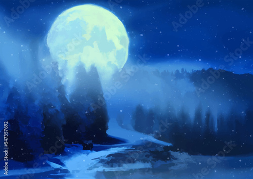 Fototapeta Hand painted christmas winter landscape with moonlit sky