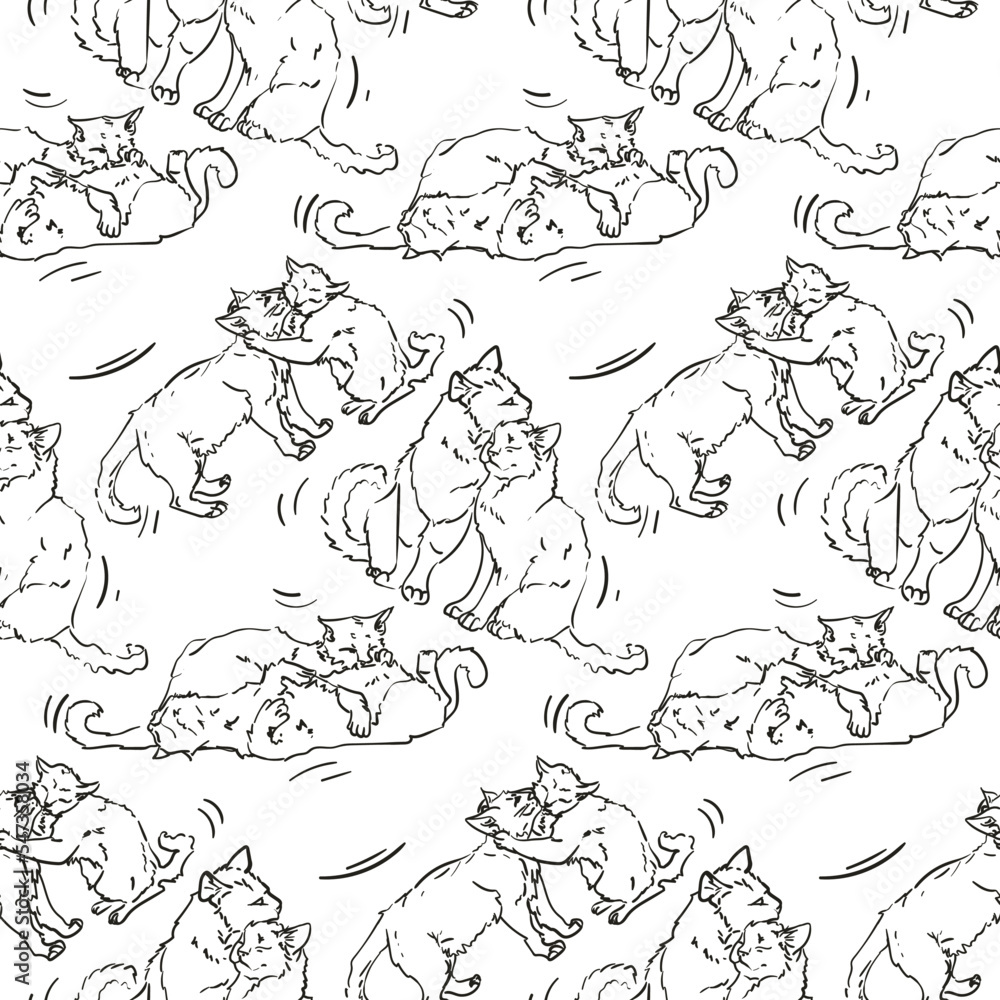 The background of cats in the form of a sketch. Black and white sketches. Suitable for printing on paper and textiles. Gift wrapping for Valentine's Day. Line, picture The background of cats in the form of a sketch. Black and white sketches. Suitable for printing on paper and textiles. Gift wrapping for Valentine's Day. Line, picture