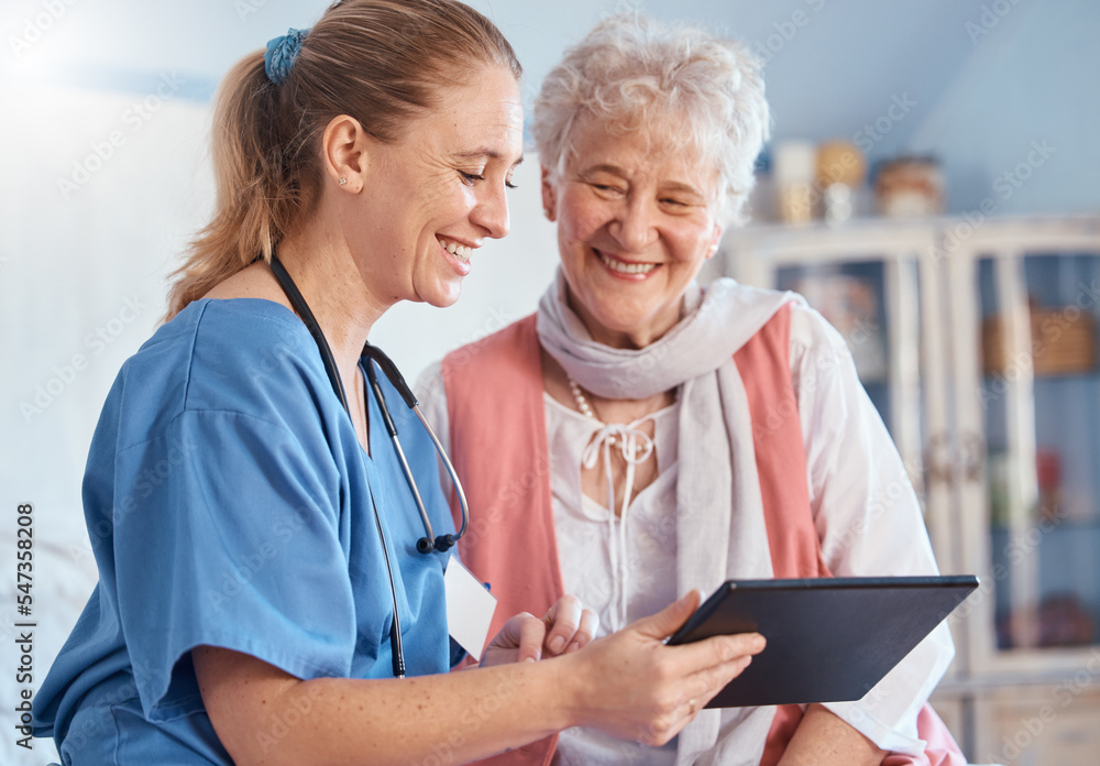 Nursing home, senior patient and nurse with tablet, medical exam results or digital report of stethoscope heart test. Medical support, communication and happy old woman consulting healthcare worker Nursing home, senior patient and nurse with tablet, medical exam results or digital report of stethoscope heart test. Medical support, communication and happy old woman consulting healthcare worker