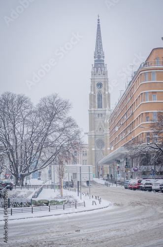 The streets of the city of Novi Sad are covered with snow.