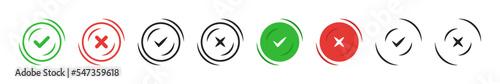 Check mark and cross icon. Green tick and red cross sign symbol. Test question. Positive Negative sign. Vector illustration.