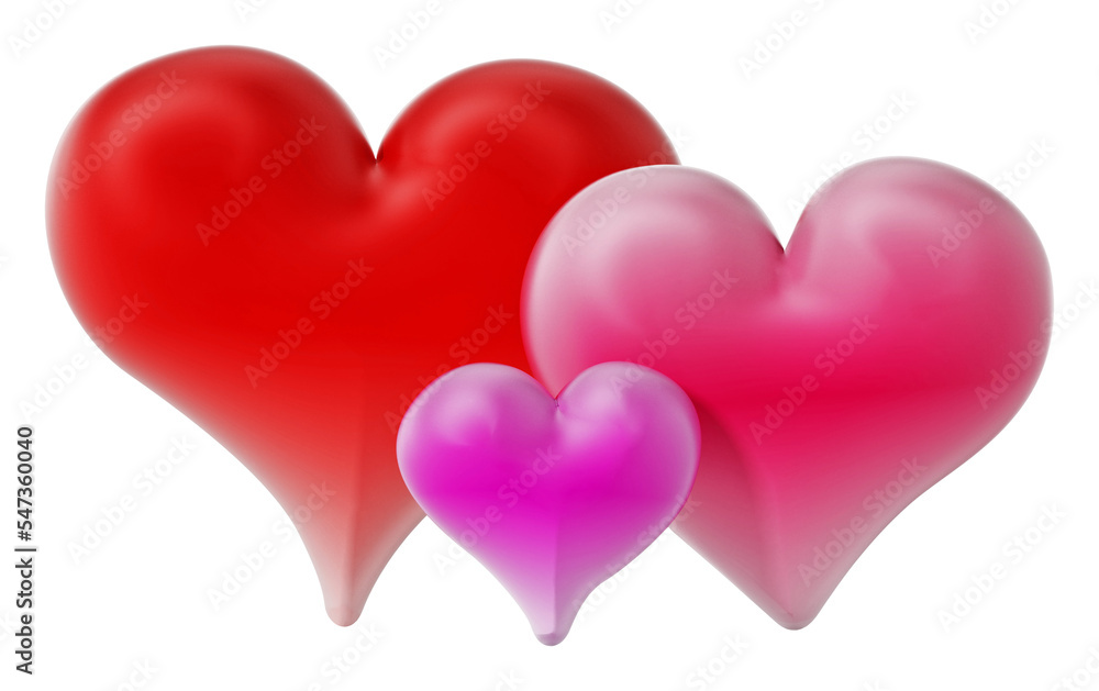 Red, pink and purple hearts on transparent background.. 3D illustration