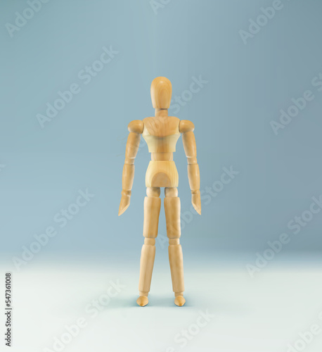 Wooden figure. figurine isolated on blue background. Puppet concept. Wood dummy. Wooden man.