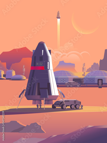Scientific vector illustration of the colonization of the planets of the solar system