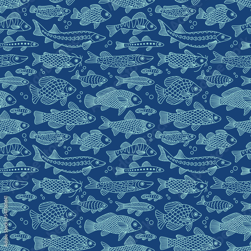 Doodle seamless pattern with fish of different shapes with various hand-drawn patterns, isolated.