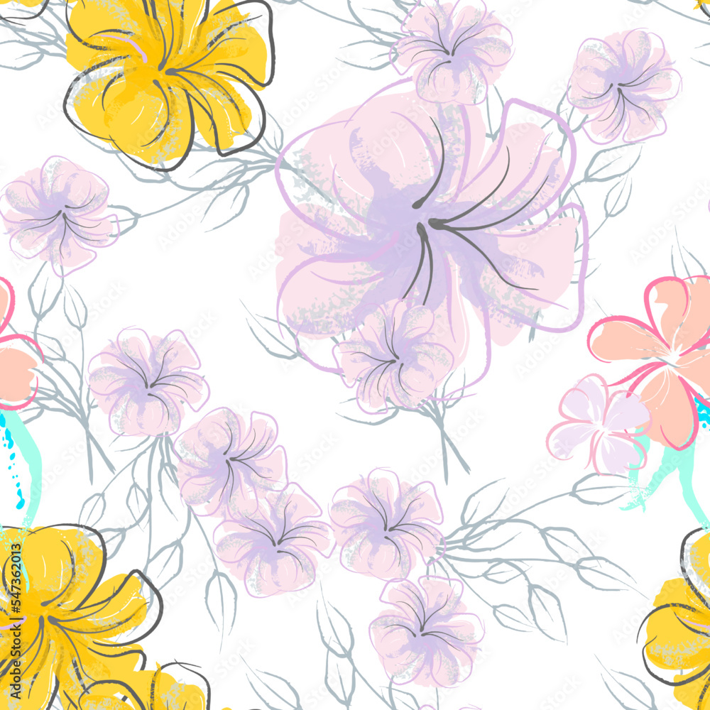 Pink Flowers Blooming Pattern. Pastel Watercolor. Pink Flowers Blooming Pattern. Pastel Watercolor.