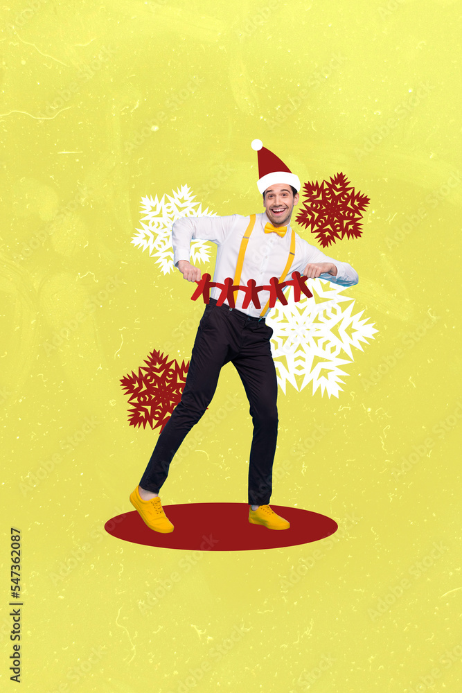 Photo artwork minimal picture of funny smiling guy cutting x-mas decorations isolated drawing background Photo artwork minimal picture of funny smiling guy cutting x-mas decorations isolated drawing background