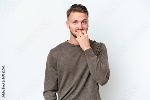 Young blonde caucasian man isolated on white background nervous and scared