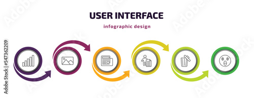 user interface infographic template with icons and 6 step or option. user interface icons such as level, images, newspaper folded, man certificate, rubbish, shocked smile vector. can be used for