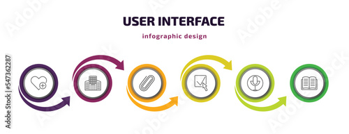 user interface infographic template with icons and 6 step or option. user interface icons such as add a like, offices, shaped paper clip, check box with cursor, record voice button, open diary