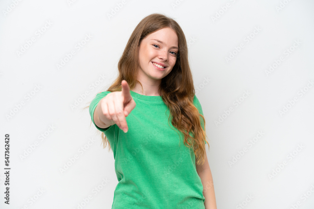 Young pretty woman isolated on white background pointing front with happy expression Young pretty woman isolated on white background pointing front with happy expression