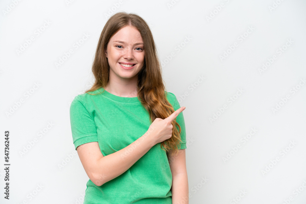 Young pretty woman isolated on white background pointing to the side to present a product Young pretty woman isolated on white background pointing to the side to present a product