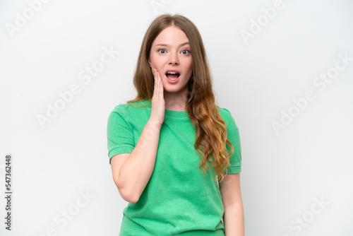 Young pretty woman isolated on white background with surprise and shocked facial expression