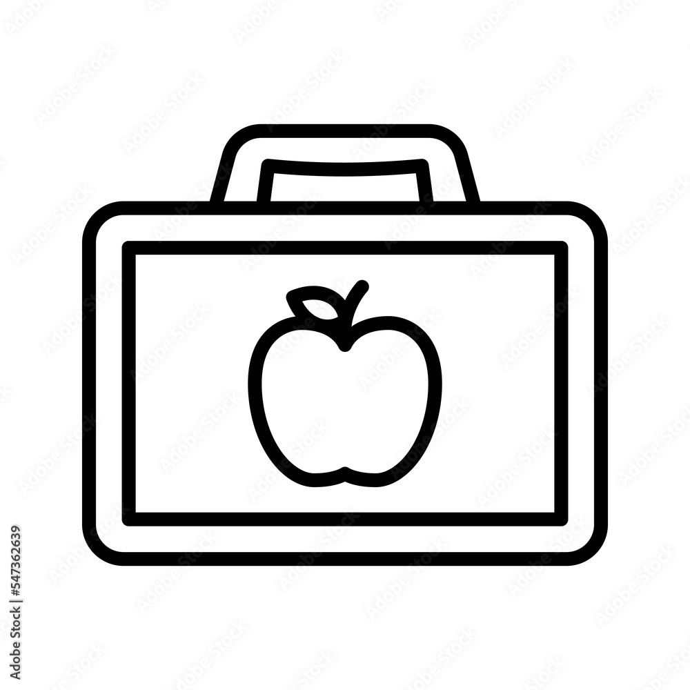 Plastic lunch box with apple for school or work. Pictogram isolated on a white background. Plastic lunch box with apple for school or work. Pictogram isolated on a white background.