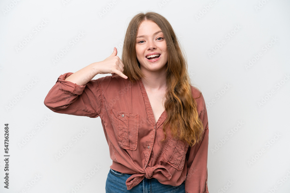 Young pretty woman isolated on white background making phone gesture. Call me back sign Young pretty woman isolated on white background making phone gesture. Call me back sign