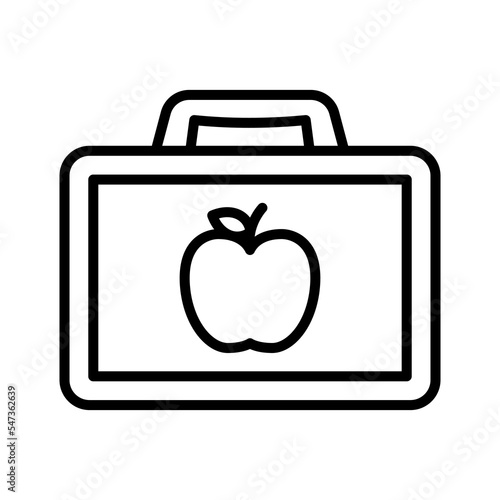 Plastic lunch box with apple for school or work. Pictogram isolated on a white background.