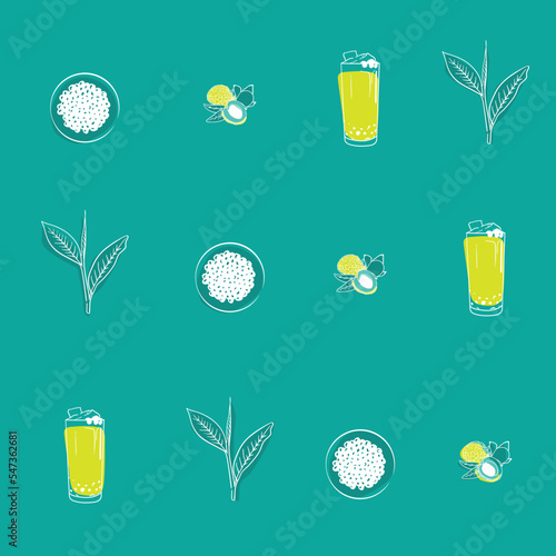 Print background with Lychee, tea leaf, tapioca pearl and bubble tea line art for drink background