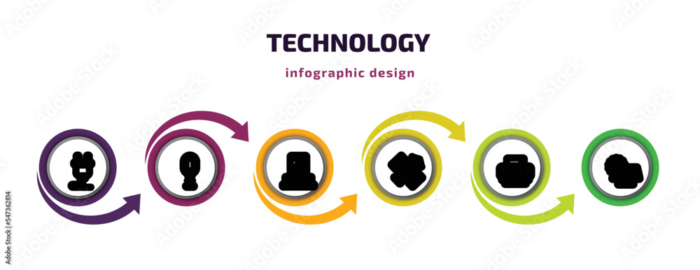 technology infographic template with icons and 6 step or option. technology icons such as plugs, vintage mic, dock, space satellite, printer tool, sun energy vector. can be used for banner, info technology infographic template with icons and 6 step or option. technology icons such as plugs, vintage mic, dock, space satellite, printer tool, sun energy vector. can be used for banner, info