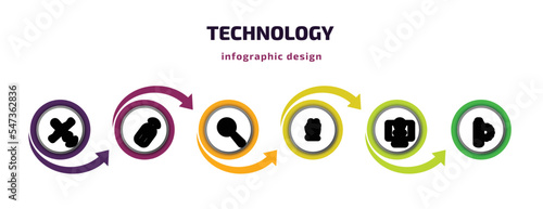 technology infographic template with icons and 6 step or option. technology icons such as satellite transmission, wireless mouse, search bug, ecologic electricity, holiday, solar battery vector. can