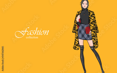 Beautiful young girl in stylish clothes. Fashion woman look. Sale concept. Hand-drawn fashion illustration. Cute girl in fashion clothes.