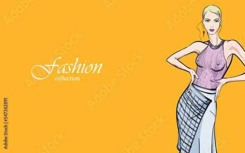Beautiful young girl in stylish clothes. Fashion woman look. Sale concept. Hand-drawn fashion illustration. Cute girl in fashion clothes.