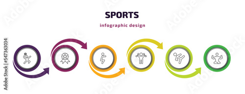 sports infographic template with icons and 6 step or option. sports icons such as volleyball motion, awards, squat, excersice, taekwondo, yoga posture vector. can be used for banner, info graph,