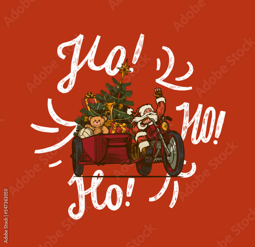 Santa biker vintage. Santa Claus riding motorcycle with a sidecar full of presents. Ho-ho-ho christmas vector illustration.