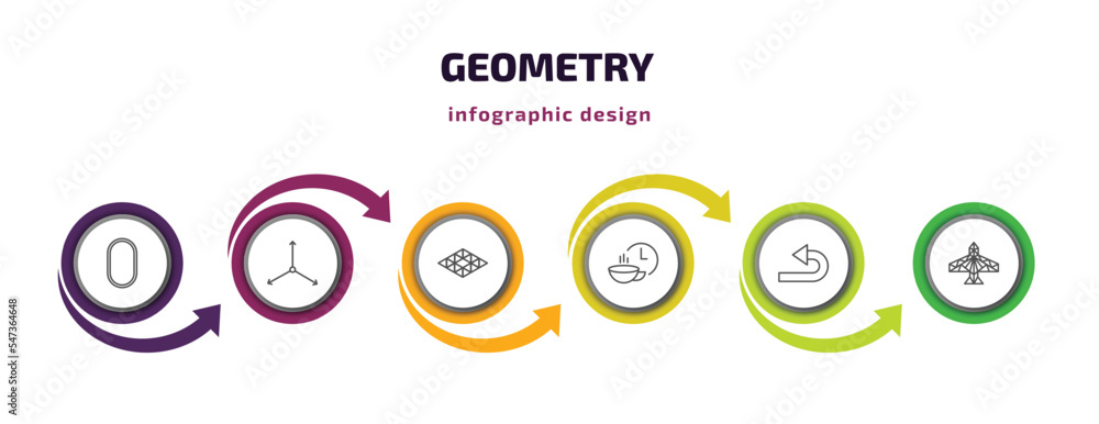 geometry infographic template with icons and 6 step or option. geometry icons such as oval, axis, polygonal rhomb, break, undo, polygonal jet aircraft vector. can be used for banner, info graph, geometry infographic template with icons and 6 step or option. geometry icons such as oval, axis, polygonal rhomb, break, undo, polygonal jet aircraft vector. can be used for banner, info graph,