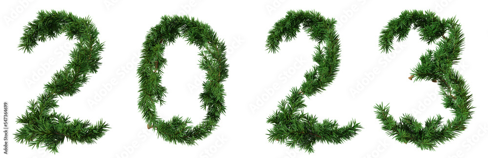 New Year's inscription 2023, made of young green spruce branches isolated on the alpha channel. A design element. New Year's inscription 2023, made of young green spruce branches isolated on the alpha channel. A design element.