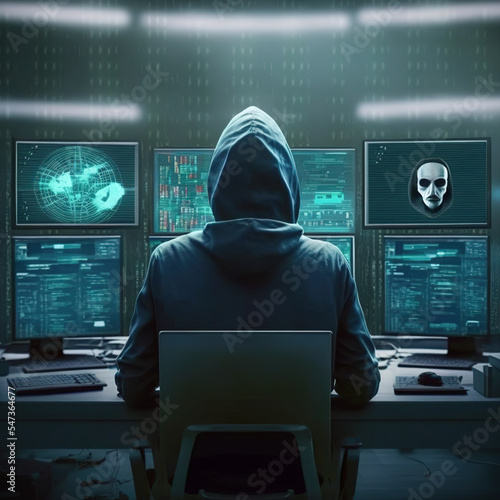 Anonymous hooded figure working at a computer station.